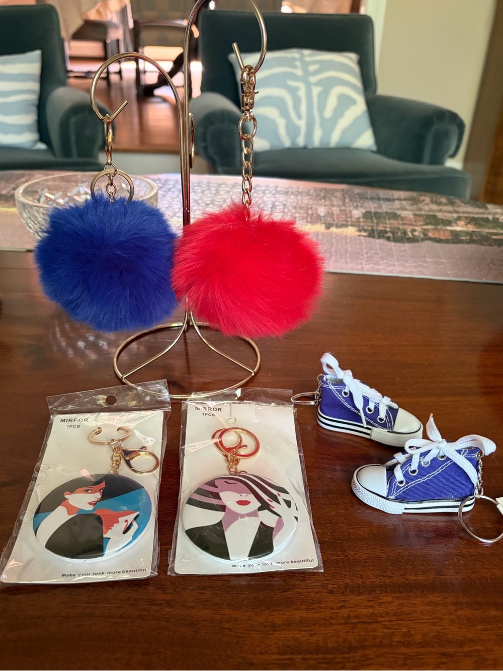 New Choose One Keychain/Bag Charm Mirror, Sneaker or large Pom Pom - Picture 1 of 9